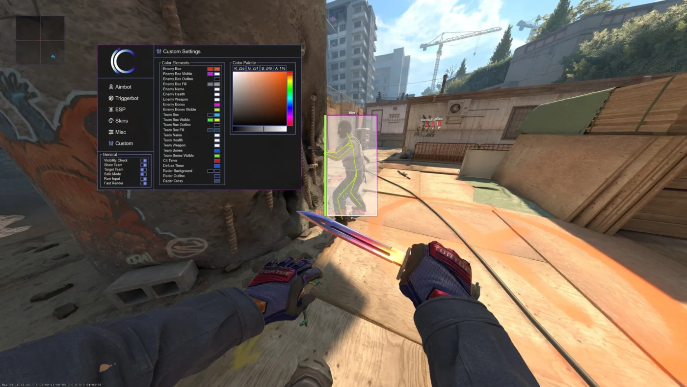 CS2 custom colour menu with an ESP colour picker, player boxes and skeleton overlays visible during gameplay.