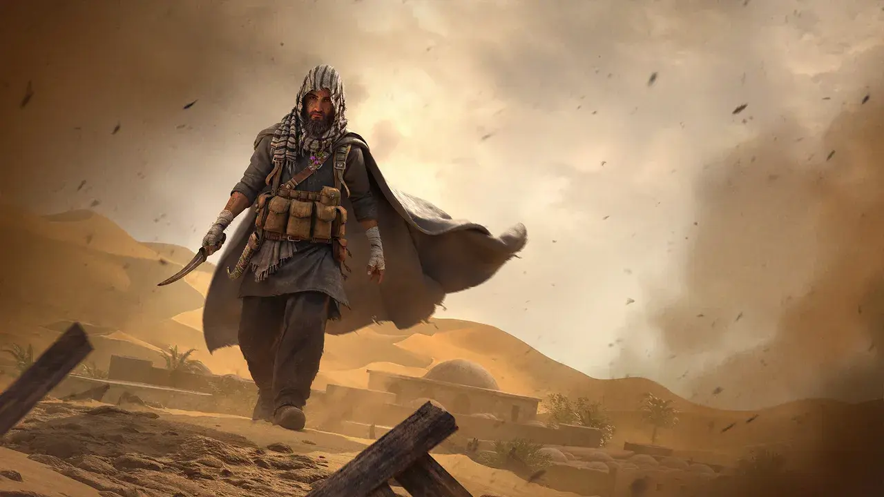a caped DayZ character roams the desert