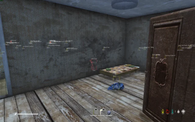 DayZ item ESP highlighting a shirt on a bedroom floor, with distant clothing markers and a zombie skeleton visible through the wall.