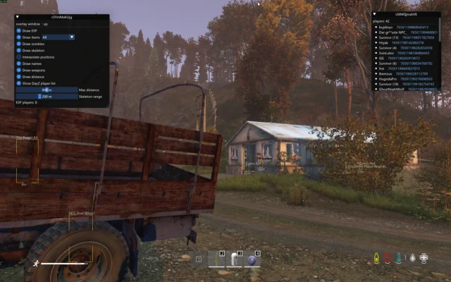 DayZ item ESP highlighting a truck wheel, tire repair kit, camouflage nets, holster, and ammunition.