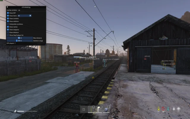 DayZ player ESP highlighting a survivor with a blue skeleton beside railway tracks, alongside red zombie outlines and yellow item markers.