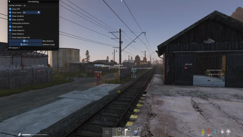 DayZ player ESP highlighting a survivor with a blue skeleton beside railway tracks, alongside red zombie outlines and yellow item markers.