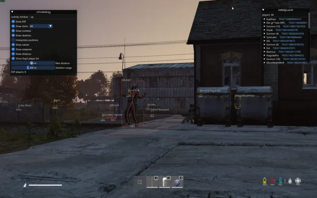 DayZ zombie outlined with a red skeleton in an industrial yard, surrounded by yellow loot markers and distance labels.