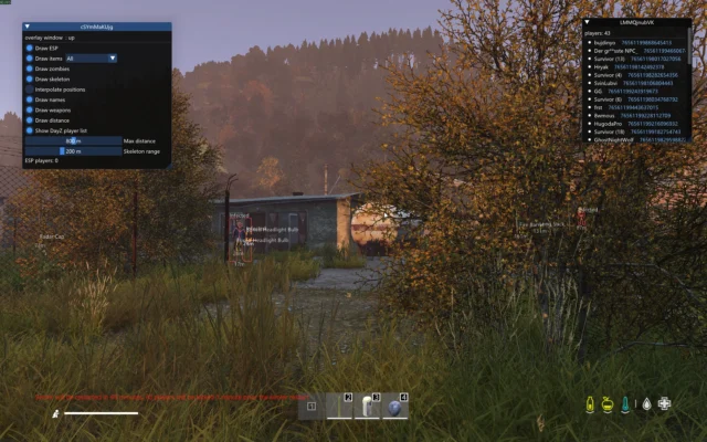 DayZ screenshot showing red zombie skeleton outlines, yellow item markers, and the ESP menu near an industrial building.