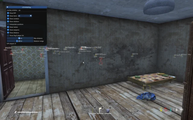 DayZ ESP settings showing maximum distance and skeleton range controls, with zombie and item markers visible through bedroom walls.