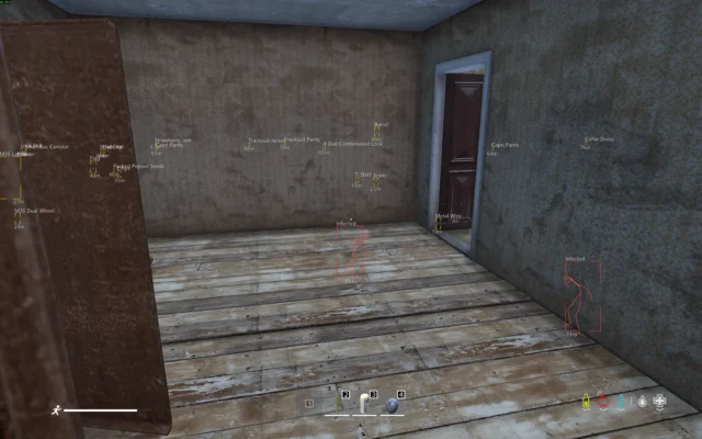DayZ screenshot showing two nearby zombie skeleton outlines through walls and floors, alongside item names and distances.