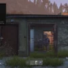 DayZ zombie highlighted with a red skeleton and bounding box in a doorway, with nearby loot names and distances.