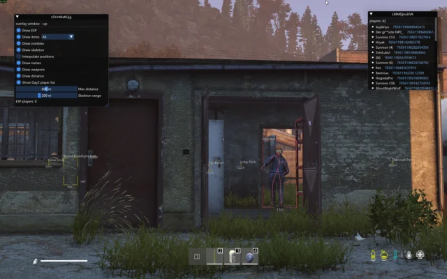DayZ zombie highlighted with a red skeleton and bounding box in a doorway, with nearby loot names and distances.