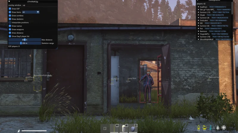 DayZ zombie highlighted with a red skeleton and bounding box in a doorway, with nearby loot names and distances.
